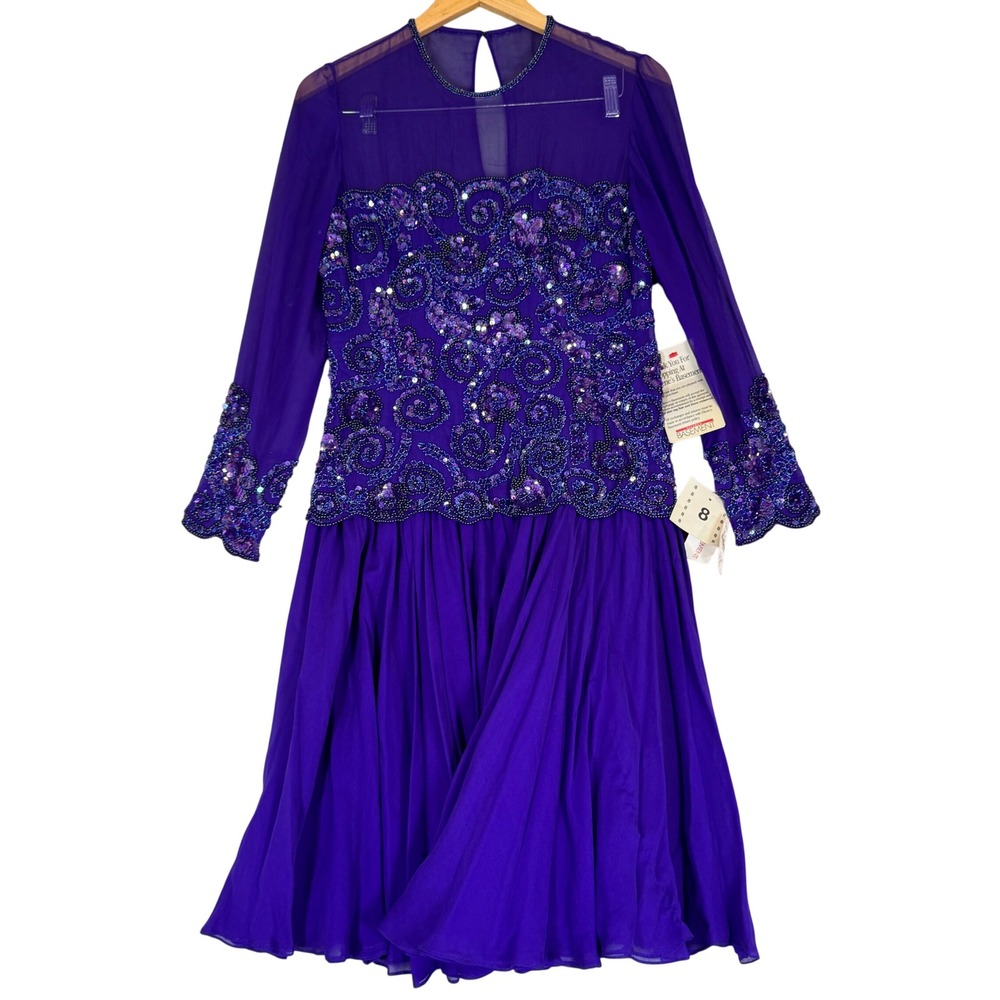 NWT Neiman Marcus Purple Beaded Sequin Silk Chiffon Cocktail Dress Size 8 NWT
